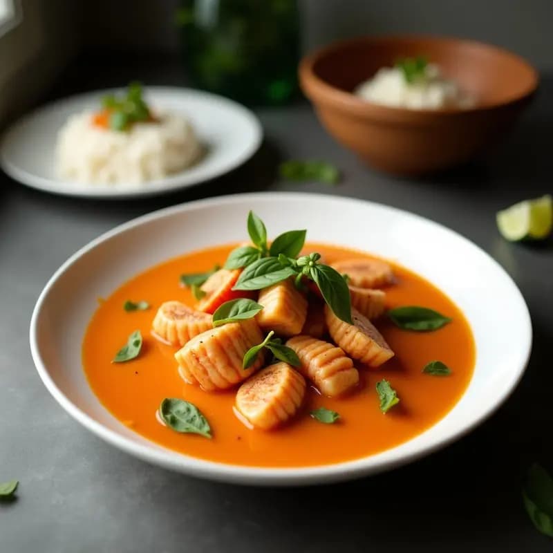 Bol hondo de cerámica negra con curry tailandés de langosta y coco, bañado en una salsa verde cremosa con trozos de pimiento rojo y albahaca santa fresca. Acompañado de arroz jazmín blanco y decorado con cilantro. Plato gourmet con colores vibrantes y textura sedosa.