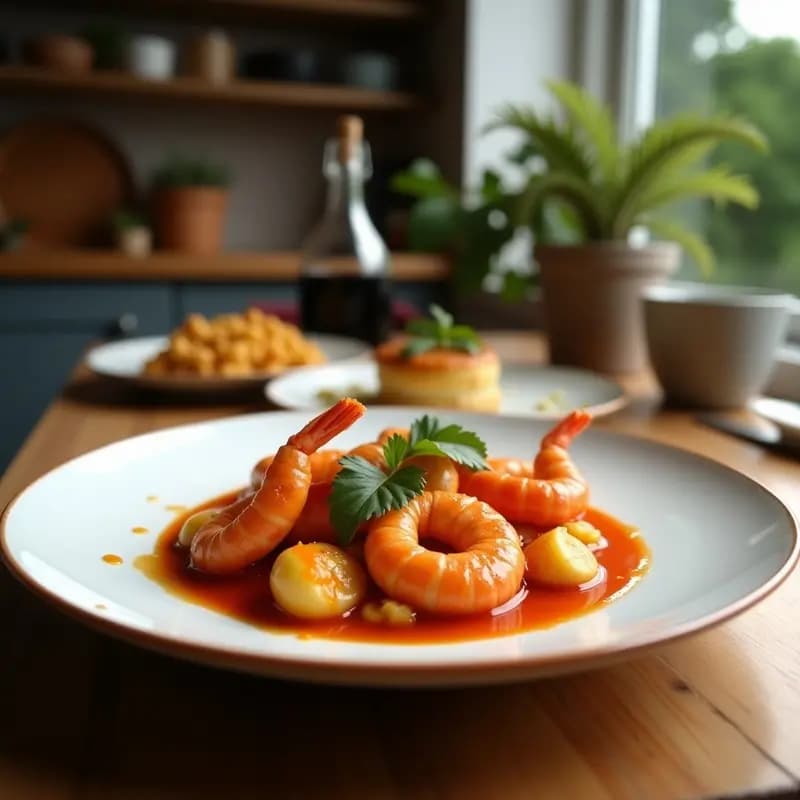 Wok con curry tailandés rojo cremoso, gambas rosadas y lechuga de mar verde oscura, decorado con cilantro fresco y rodajas de limón, sobre fondo de madera rústica.