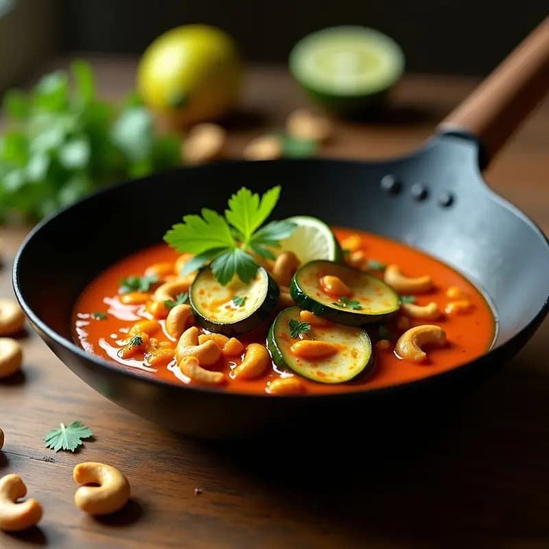 Bol hondo de cerámica negra con curry thai de calabacín y anacardos en wok, salsa cremosa de color naranja intenso, juliana de calabacín y pimiento rojo, anacardos tostados picados por encima, decorado con cilantro fresco y hojas de albahaca tailandesa. Plato vegano y sin gluten con fondo de madera rústica.