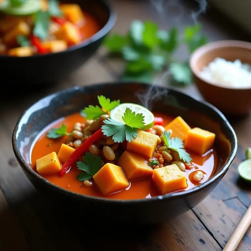 Wok negro con curry thai de calabaza butternut en cubos dorados y tofu sedoso cremoso, bañado en salsa de curry roja con trozos de lemongrass y hojas de lima kaffir. Decorado con cilantro fresco y anacardos tostados sobre un fondo de madera oscura.