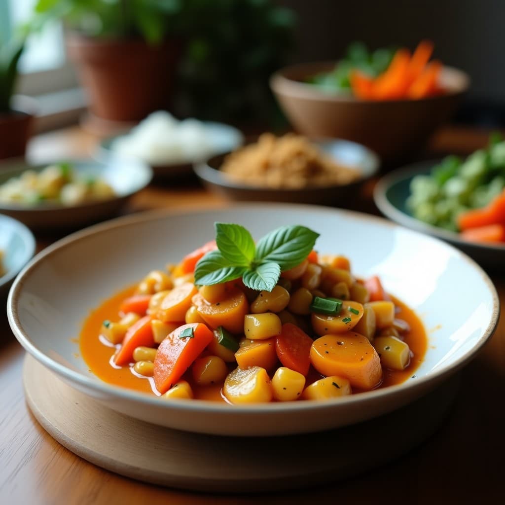 Cuenco hondo de cerámica negra con curry thai de verduras y coco, espeso y cremoso, lleno de trozos coloridos de berenjena, pimiento rojo, zanahoria y champiñones. Decorado con hojas de albahaca tailandesa y rodajas de limón. Fondo con textura de madera rústica.