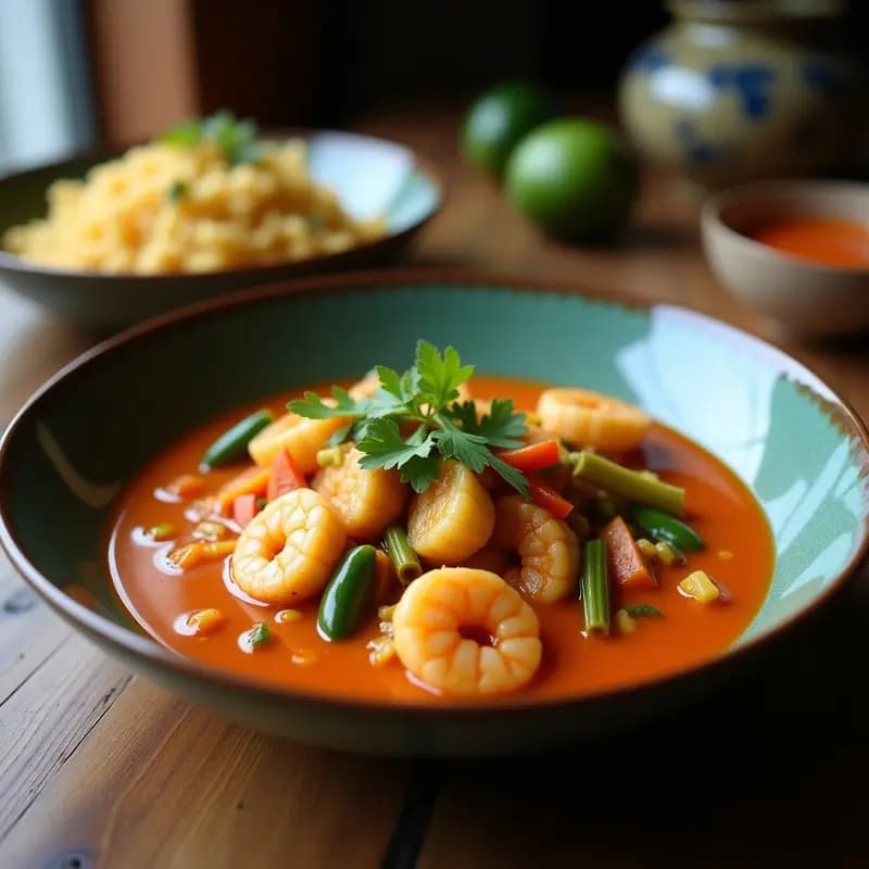 Wok negro con curry thai de vernie y camarón en salsa de coco, espolvoreado con albahaca tailandesa y rodajas de chile rojo, servido con arroz jazmín blanco.