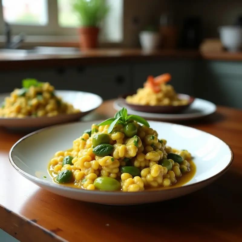 Plato hondo de cerámica blanca con curry verde tailandés cremoso, trozos de pollo dorado, piña fresca y hojas de albahaca tailandesa, acompañado de arroz jazmín.