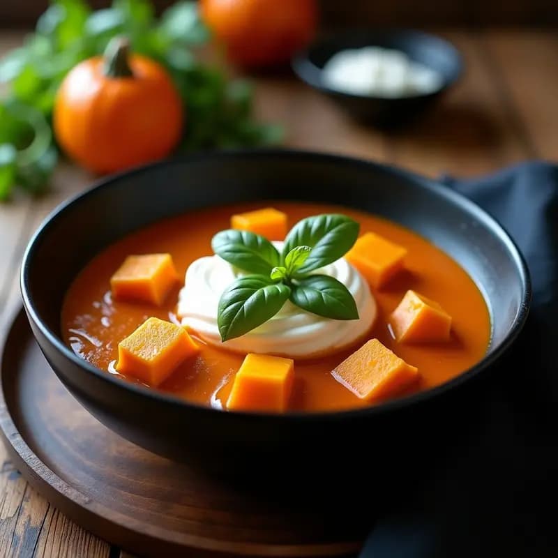 Cuenco de cerámica negra con curry thai de verniz en salsa cremosa de color naranja, decorado con leche merengada blanca y hojas de albahaca fresca. Plato exótico y reconfortante con texturas suaves y vibrante presentación.