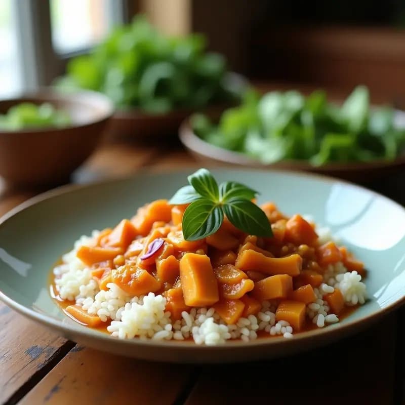 Plato hondo de cerámica blanca con curry tailandés de verniz de coco, trozos de lechuga morada, tofu dorado y pimiento rojo, decorado con cilantro fresco.