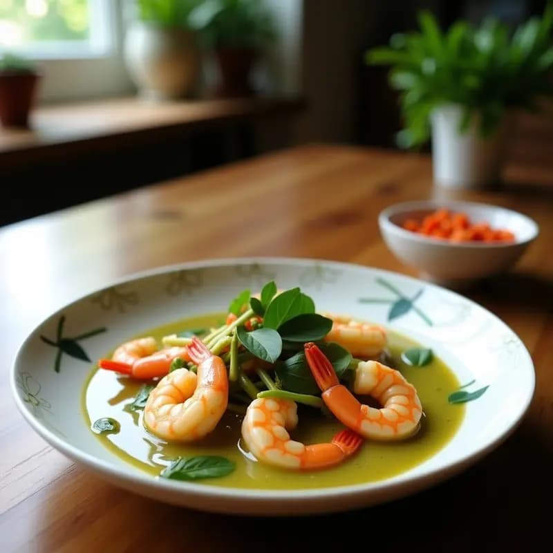 Wok de acero brillando con curry verde tailandés cremoso, gambas rosadas y jugosas, hojas de albahaca santa fresca, jalapeños en rodajas y cacahuetes tostados. Plato colorido y aromático con tonos verdes, rojos y blancos, servido en cuenco de cerámica negra sobre fondo rústico de madera.