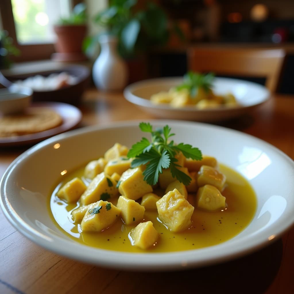 Plato hondo de barro con curry verde tailandés cremoso, trozos de pollo tierno bañados en salsa esmeralda, hojas de albahaca tailandesa fresca y cilantro esparcidos, acompañado de arroz jazmín blanco y rodajas de lima. Receta ultraaromática de curry verde con pollo y albahaca tailandesa en olla lenta.