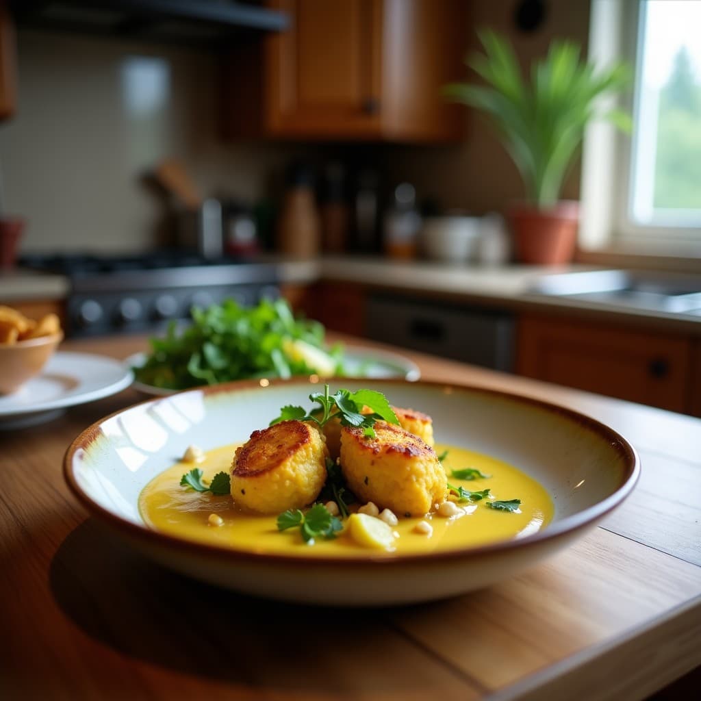 Curry verde tailandés cremoso en airfryer, con trozos de pollo, pimiento rojo y cebolla morada, decorado con hojas de albahaca fresca y rodajas de limón kaffir.