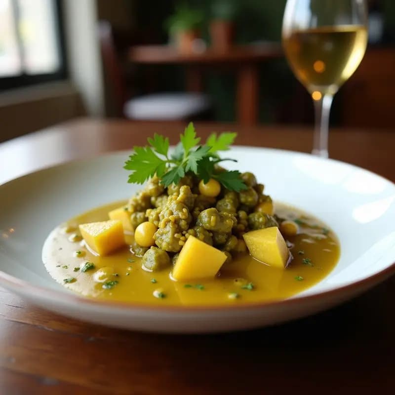 Cuenco de barro con curry verde tailandés espeso, trozos de pollo, berenjena, pimiento y bambú, bañado en salsa cremosa de leche de coco y decorado con albahaca tailandesa y cacahuetes tostados.