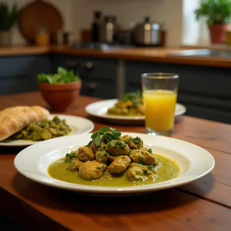 Plato hondo de cerámica negra con curry verde tailandés cremoso, trozos de ternera tierna, brotes de bambú dorados y hojas de albahaca tailandesa fresca. Acompañado de arroz jazmín blanco y decorado con rodajas de limón kaffir.