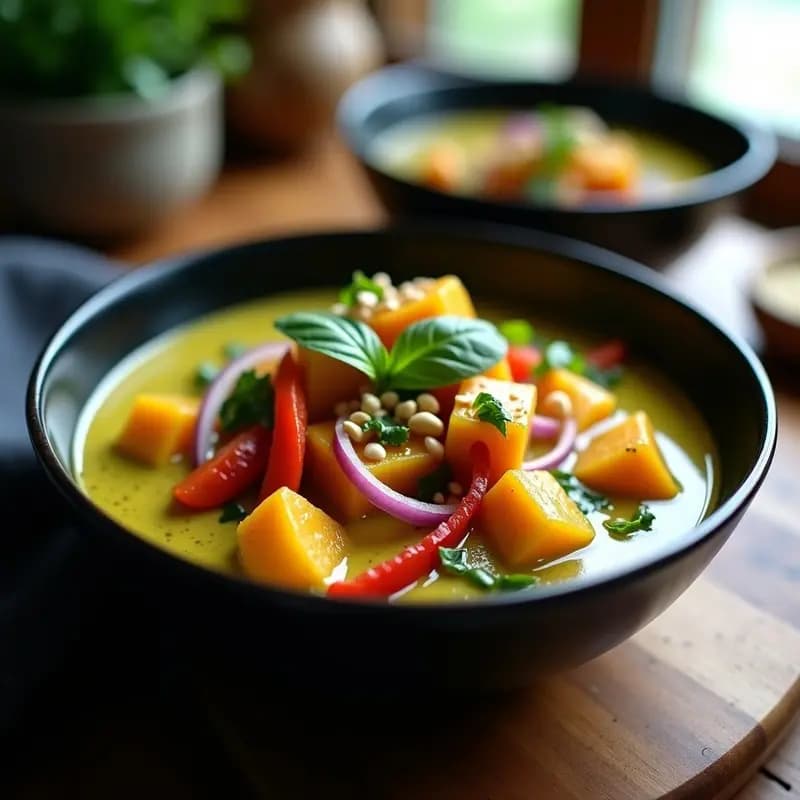 Bowl de cerámica negra con Curry Verde Tailandés cremoso, cubos dorados de ToFoo, trozos de calabaza butternut, pimiento rojo y cebolla morada. Decorado con albahaca fresca, semillas de sésamo y cacahuetes triturados sobre fondo de madera rústica.