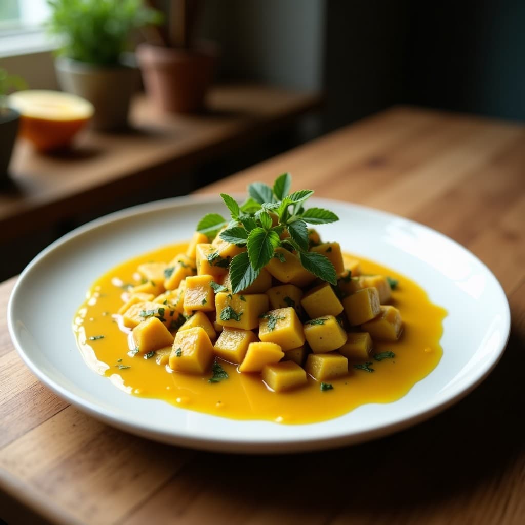 Bol hondo con curry verde vegano cremoso, repleto de tofu dorado, berenjena y pimiento rojo, decorado con hojas de albahaca tailandesa y rodajas de limón, servido junto a arroz jazmín blanco.