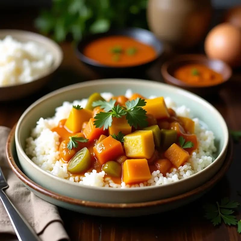 Plato hondo de cerámica blanca con curry de verduras y coco tailandés, garbanzos, brócoli y zanahoria en salsa cremosa de color naranja, servido sobre arroz basmati y decorado con cilantro fresco.