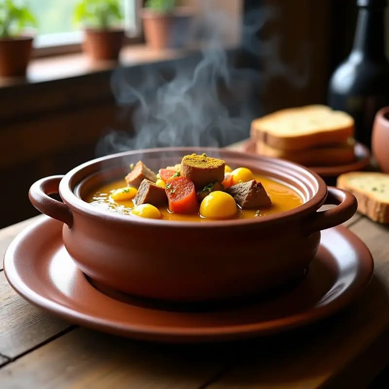 Cazuela de barro humeante con curry verniega asturiano: trozos de ternera, chorizo y patatas bañados en una salsa espesa y dorada con especias, servido en plato hondo de cerámica.
