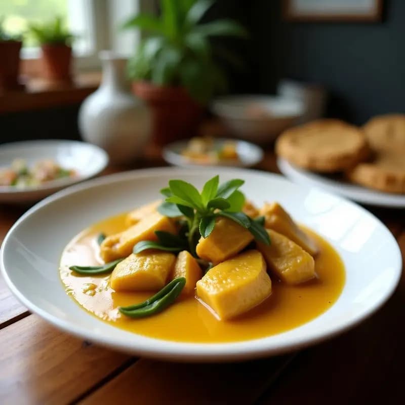 Plato hondo de cerámica blanca con curryjo de pollo al vapor tailandés, trozos de pollo jugoso, bambú en tiras y hojas de lima kaffir, bañado en salsa cremosa de leche de coco y curry, decorado con cilantro fresco y rodajas de limón. Receta en olla express.