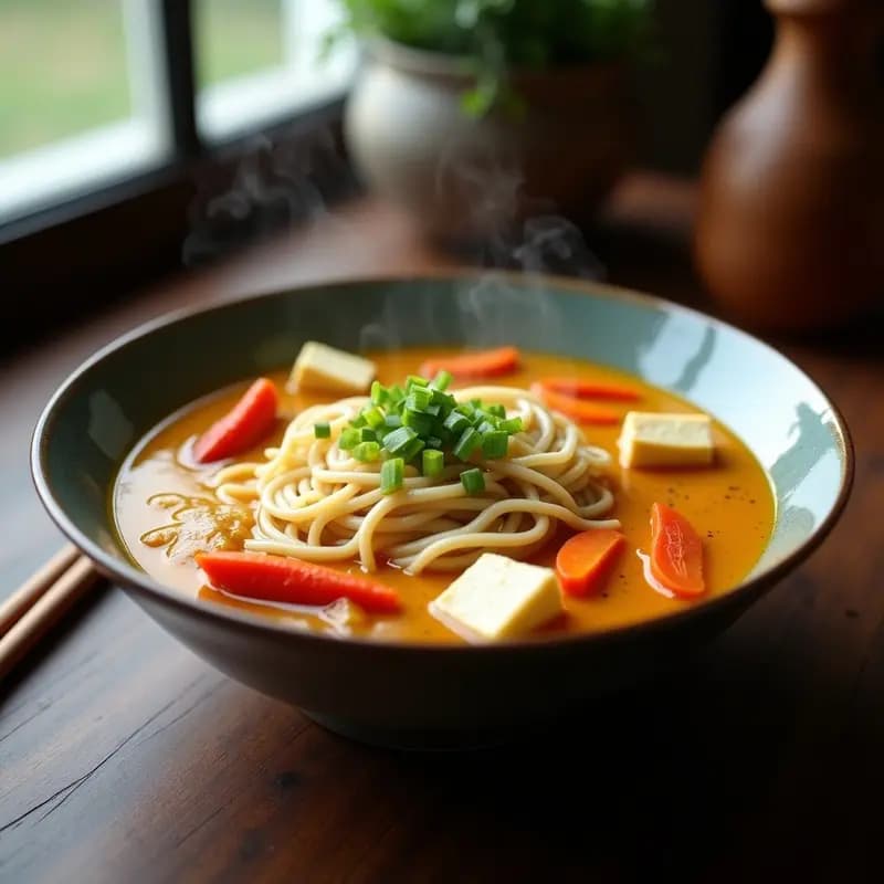 Cuenco hondo con fideos udón gruesos sumergidos en un caldo dorado de curry japonés, acompañado de zanahorias, pimiento rojo, tofu y cebollino fresco. Plato humeante con textura cremosa y especiada.