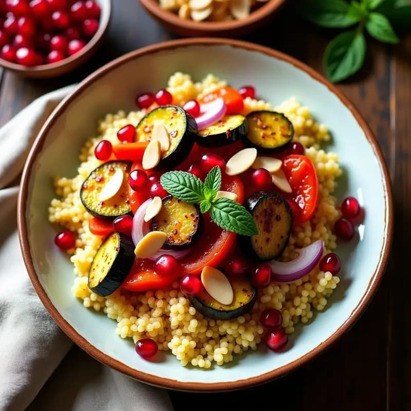 Plato colorido de cuscús marroquí esponjoso con verduras asadas doradas (berenjena, calabacín, pimiento), granos de granada rojos brillantes y almendras tostadas, decorado con hojas de menta fresca. Receta norteafricana rápida y nutritiva.