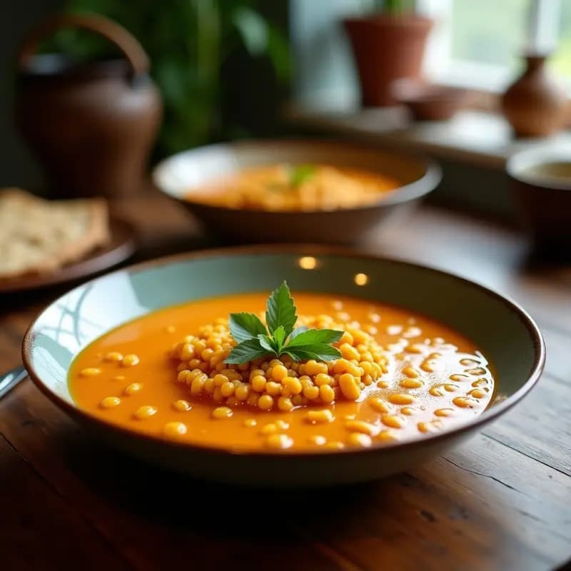 Bowl de barro negro con dahl de lentejas rojas y leche de coco, cremoso y espeso, decorado con cilantro fresco y rodajas de limón. Fondo con especias indias y pan naan tostado.