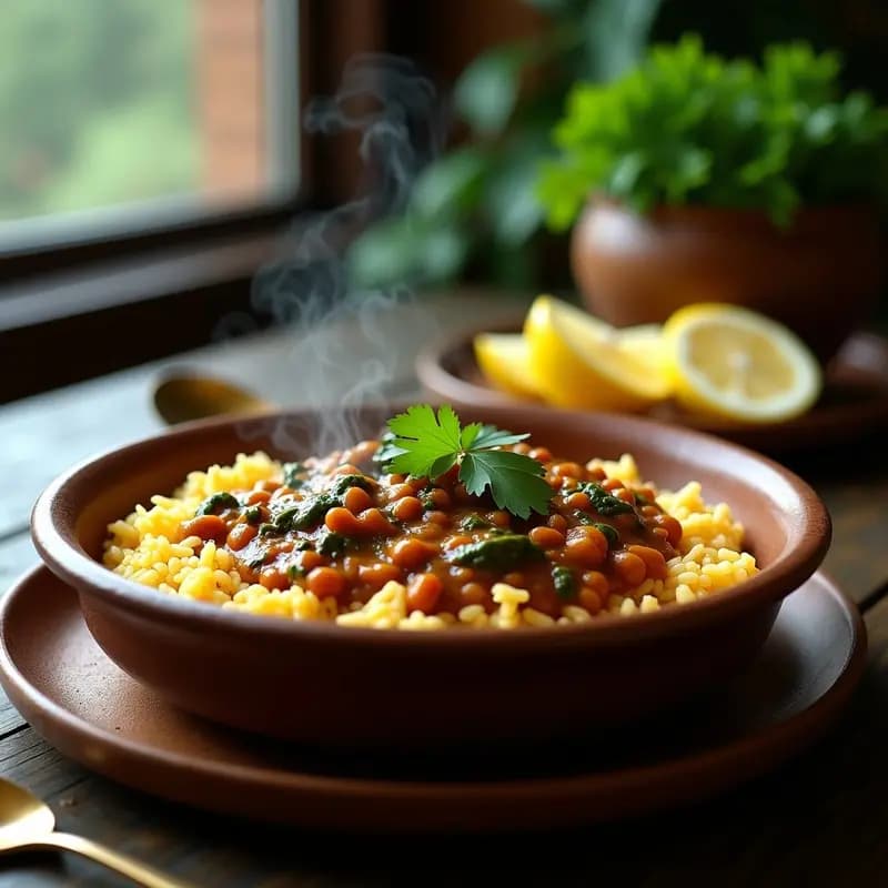 Plato hondo de cerámica blanca con Dal Makhani vegetariano bangladeshi: lentejas rojas cremosas con espinacas verdes, servido sobre arroz basmati blanco, decorado con hojas de cilantro fresco y especias visibles.