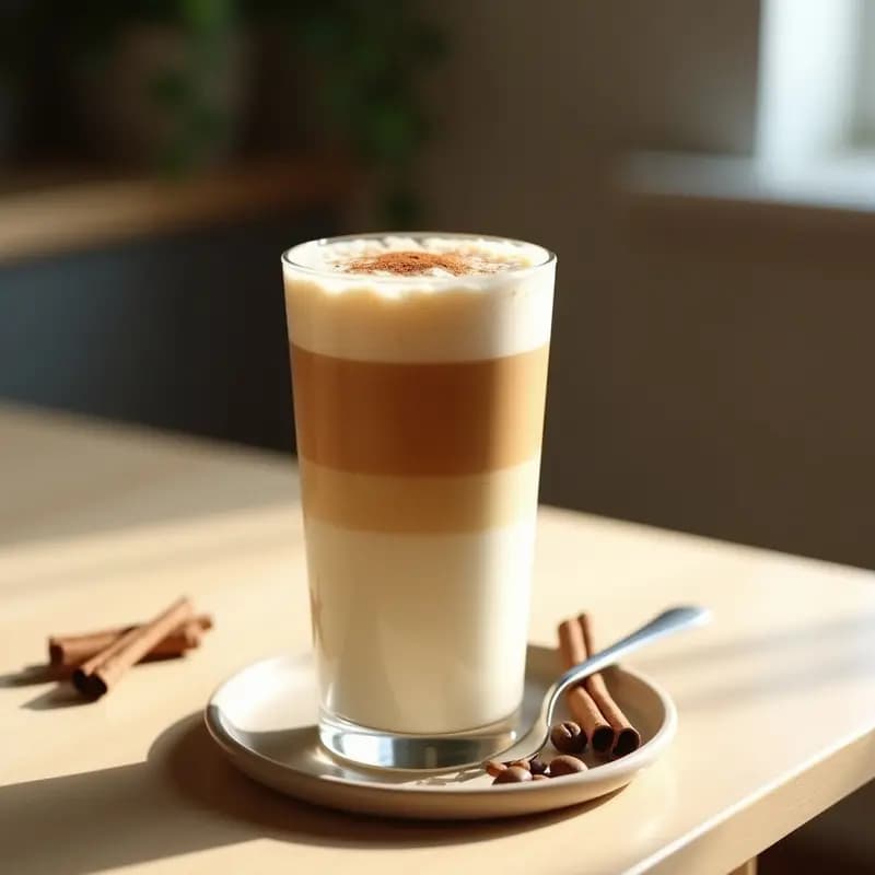 Vaso alto transparente con Dalgona Coffee Coreano y leche de avena, mostrando capas de espuma de café dorada sobre leche cremosa, decorado con canela y hielo picado, fondo minimalista con luz natural.