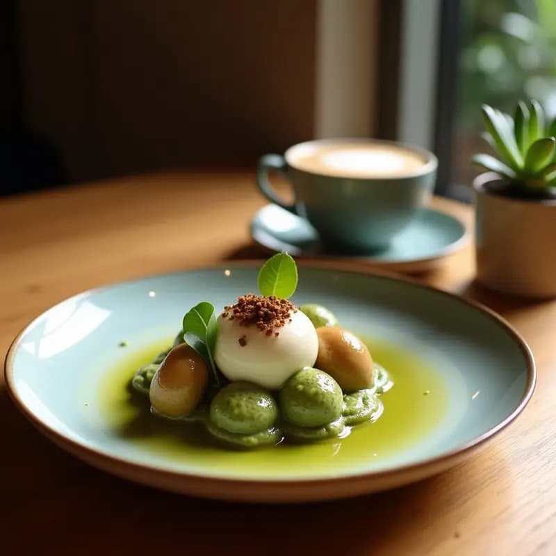 Vaso alto transparente con Dalgona Coffee con espuma de matcha, mostrando capas de espuma de café oscuro y espuma de matcha verde vibrante sobre hielo picado, decorado con un polvillo de matcha y una cuchara larga de metal, fondo minimalista con tonos neutros.