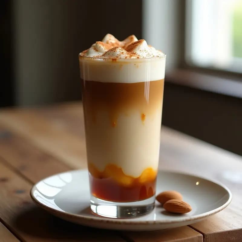 Vaso alto transparente con TikTok Dalgona Coffee vegano: capas de espuma de café oscuro sobre leche de almendras fría y hielo, decorado con canela y esencia de vainilla. Receta coreana sin azúcar.