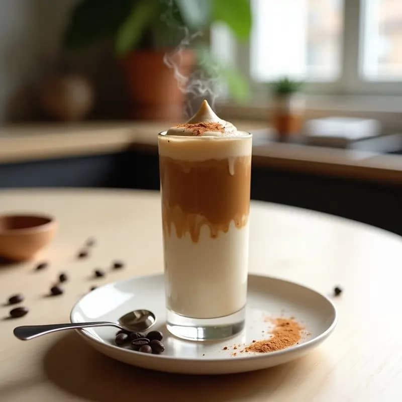Vaso alto transparente con TikTok Dalgona Coffee con proteína de guisante: espuma esponjosa de café oscuro sobre leche de avena fría con hielo, espolvoreada con canela, en un fondo claro con detalles de granos de café y una cuchara de metal.