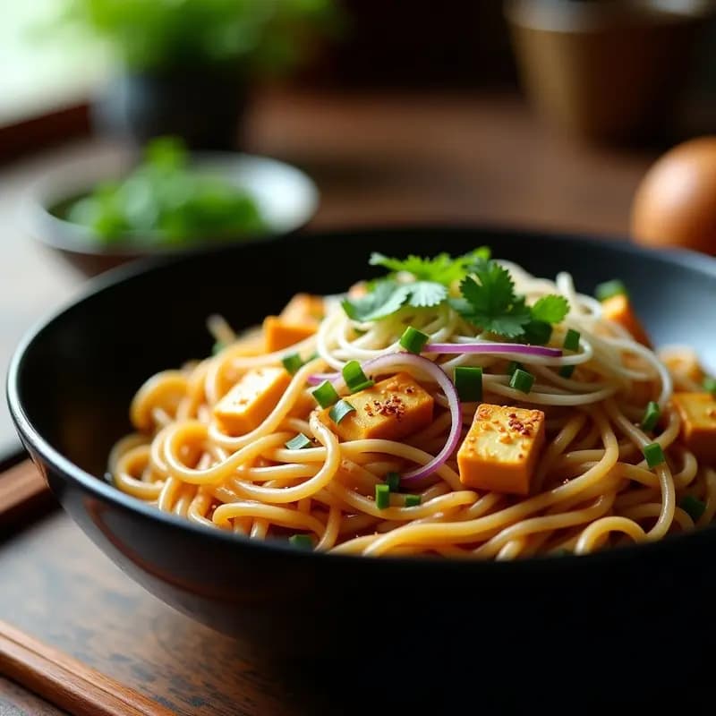 Cuenco hondo de cerámica negra con P担担面 veganas: fideos de arroz integral bañados en salsa cremosa de cacahuete y sésamo, coronados con tofu ahumado dorado, hongos shiitake salteados, brotes de soja y cebollino picado. Fondos borrosos de especias y utensilios de cocina china.