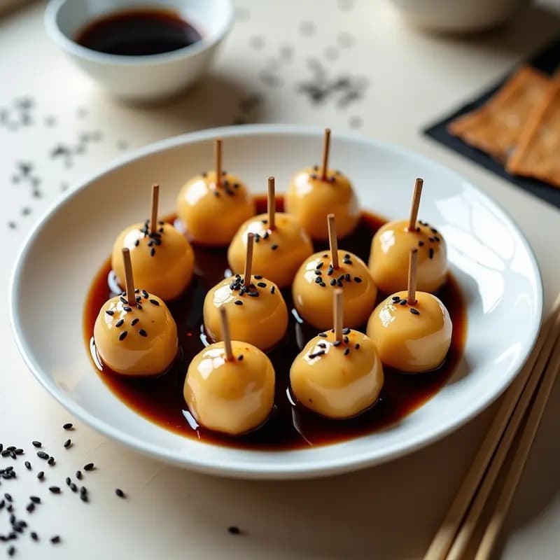 Plato blanco con 12 bolitas de Dango japonés doradas, bañadas en salsa de soja brillante con jengibre, decoradas con semillas de sésamo negro y tiras de algas nori tostadas. Fondo minimalista con palillos de madera y hoja de nori.