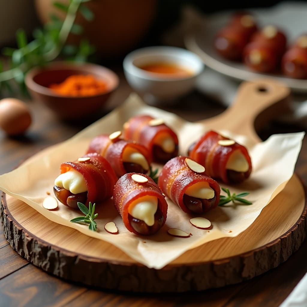 Brochetas de dátiles Medjool abiertos rellenos de queso de anacardo cremoso, envueltos en bacon ahumado crujiente y espolvoreados con almendras fileteadas, servidos en una fuente de madera sobre papel de horno con pimentón dulce, receta de aperitivo dulce-salado en airfryer.