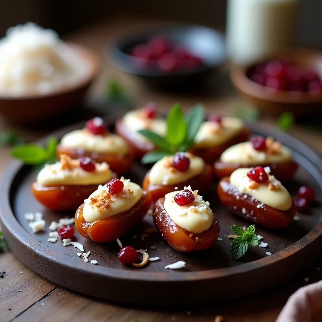 Dátiles Medjool abiertos rellenos de crema de queso de cashew color marfil, coronados con una mezcla de arándanos deshidratados y coco rallado, colocados en una bandeja de madera oscura con hojas de menta como decoración. Postre vegano sin cocción con texturas cremosas y crujientes.
