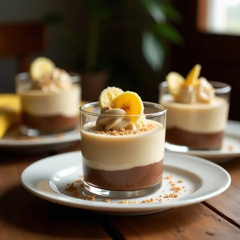 Copas de cristal transparente con capas alternadas de crema de plátano y coco (color beige claro) y crema de plátano con cacao (color marrón oscuro), decoradas con rodajas de plátano macho y coco rallado. Postre congolés sin horno alto en potasio.