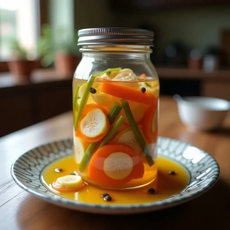 Frasco de vidrio transparente lleno de dennochas en escabeche con rodajas de zanahoria, cebolla y ajo, bañadas en un líquido dorado de vinagre y aceite de oliva. Tapa de bar tradicional española lista para servir.