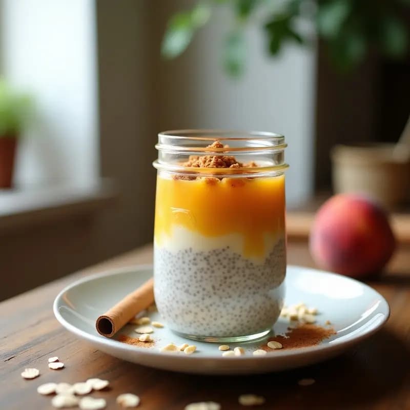 Tarro de cristal transparente con desayuno de chía y leche de avena overnight, capas cremosas de pudín de chía y compota de durazno dorado, decorado con nueces picadas y canela en polvo sobre fondo rústico de madera.