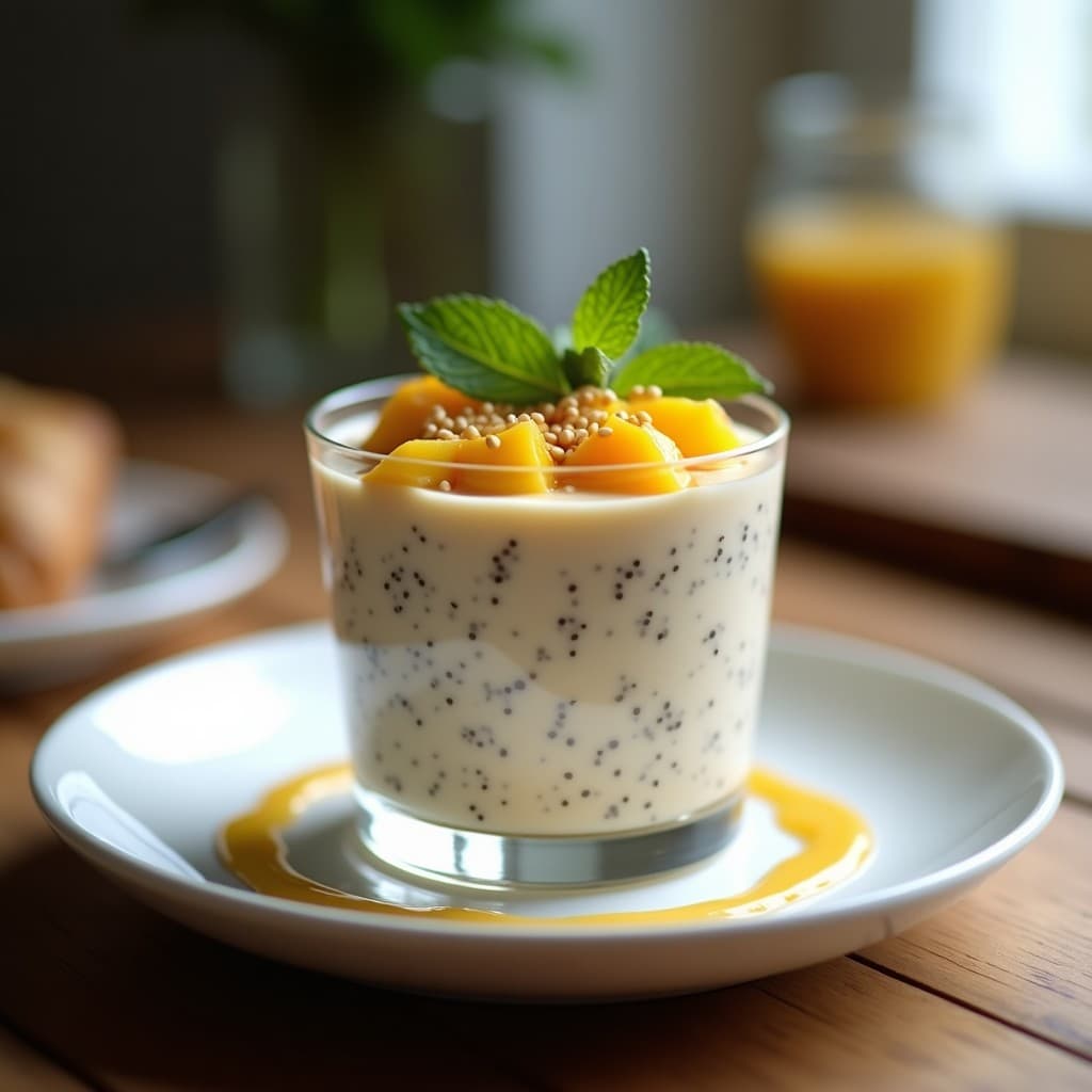 Vaso transparente con capas de pudín de chía cremoso color beige, coronado con pulpa de granadilla amarilla y semillas de sésamo doradas. Acompañado de hojas de menta fresca y un hilo de miel de agave, sobre una mesa de madera rústica con fondo desenfocado.