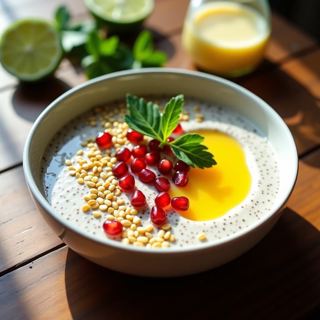 Bol de cerámica blanca con pudín de chía cremoso bañado en leche de tigre amarilla, decorado con semillas de sésamo, granada y cilantro fresco. Receta peruana energética y sin lácteos.
