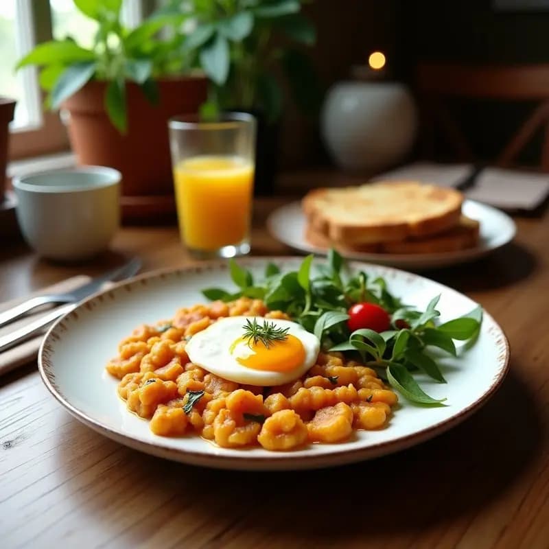 Plato hondo de cerámica blanca con desayuno inglés completo vegano: tofu revuelto dorado con especias, hongos portobello glaseados, tomates cherry brillantes, espinacas frescas y rebanadas de pan integral tostado. Fondos borrosos de cocina rústica.