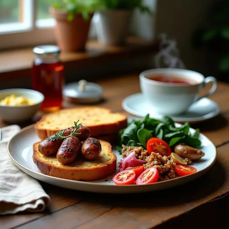 Plato de desayuno inglés completo vegano con salchichas de seitán doradas, pan de centeno tostado sin gluten, champiñones portobello salteados, tomates cherry y espinacas, servido en una mesa rústica con té al fondo.