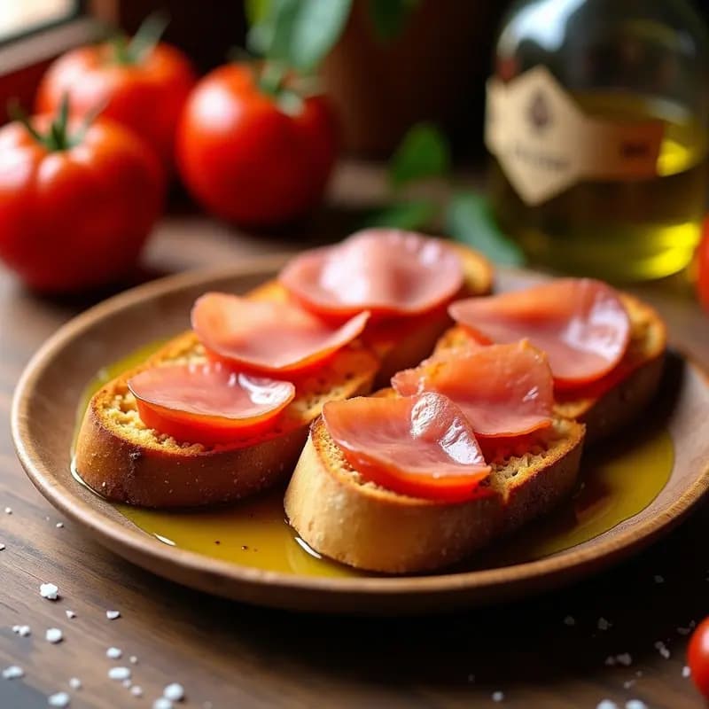 Plato de madera rústico con cuatro rebanadas de pan tostado dorado, frotadas con tomate maduro, regadas con aceite de oliva virgen extra y cubiertas con láminas de jamón cocido. Fondo con tomates enteros y una botella de aceite de oliva. Desayuno catalán tradicional.