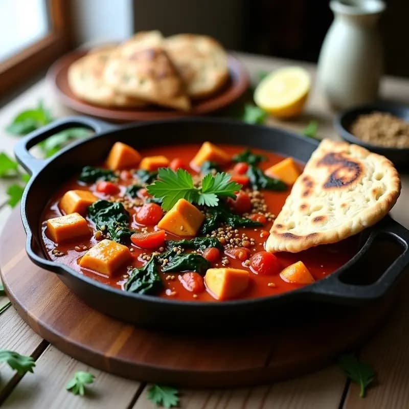 Sartén de hierro fundido con shaksuka vegana de tofu desmenuzado y espinacas, bañada en una salsa de tomate especiada, acompañada de pan de pita integral tostado y decorada con perejil fresco y semillas de sésamo.