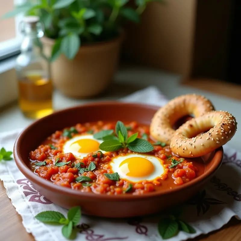 Plato hondo de barro con menemen turco: huevos revueltos cremosos con salsa de tomate, pimiento verde y cebolla caramelizada, espolvoreados con menta fresca. Acompañado de pan de simit dorado con sésamo, sobre un mantel de lino blanco con detalles étnicos.