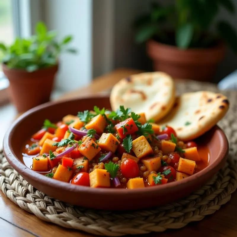 Plato hondo de barro con menemen de tofu vegano, una mezcla cremosa de tofu desmenuzado con tomate, pimiento y especias turcas, acompañado de pan de pita integral tostado con semillas de sésamo. Decorado con perejil fresco y un toque de limón.