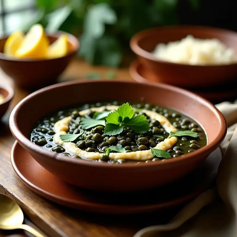 Plato hondo de barro con dhal de lentejas negras cremoso, espinacas verdes vibrante y trozos de jengibre fresco. Acompañado de arroz basmati blanco y decorado con cilantro fresco picado. Receta india sin gluten y alta en hierro.