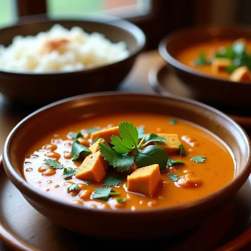 Plato hondo de barro con Dhal Makhani cremoso de color dorado, lentejas rojas, trozos de tofu sedoso y espinacas frescas, decorado con cilantro. Receta india vegetariana alta en hierro preparada en Thermomix.