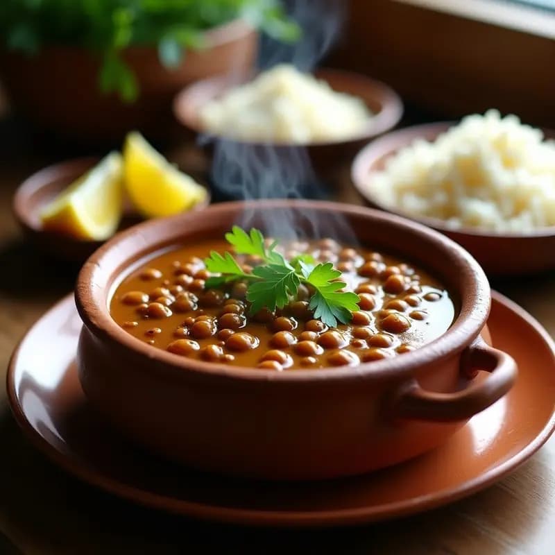 Cazuela de barro humeante con Dhal Makhani de garbanzos negros, salsa cremosa de color oscuro, decorado con cilantro fresco y servido con arroz basmati blanco. Plato tradicional indio vegano alto en proteína.