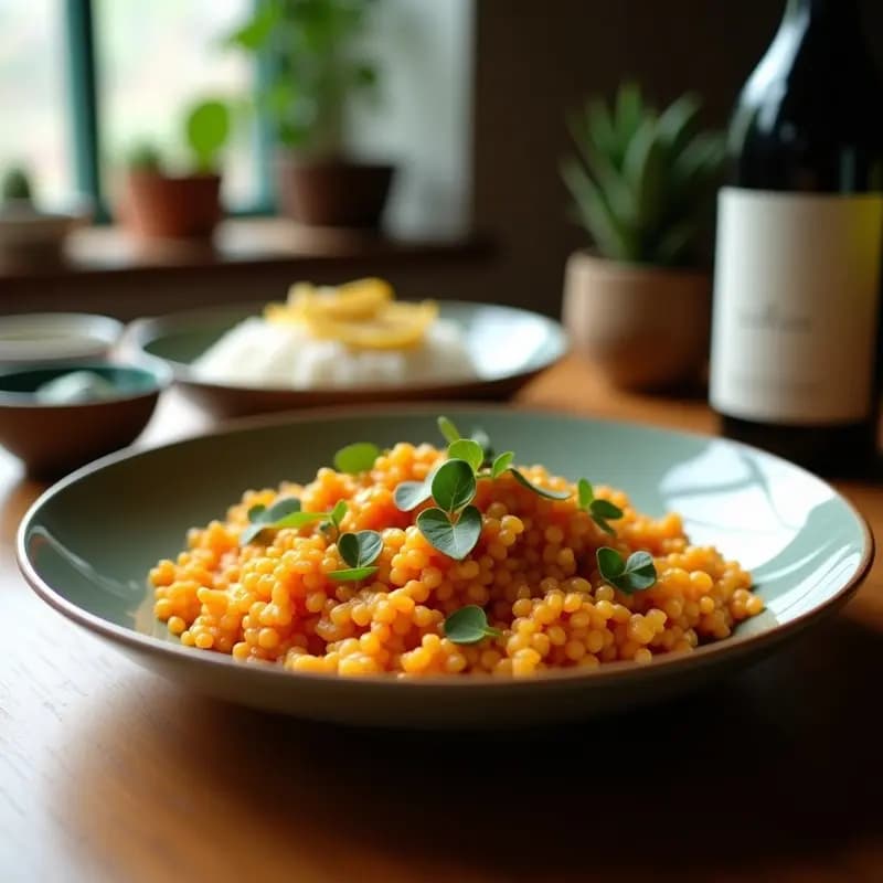 Plato hondo de barro con Dhaltad de lentejas rojas con espinacas y limón, curry indio vegano de color dorado y verde vibrante, decorado con cilantro fresco y rodajas de limón, acompañado de arroz basmati blanco.
