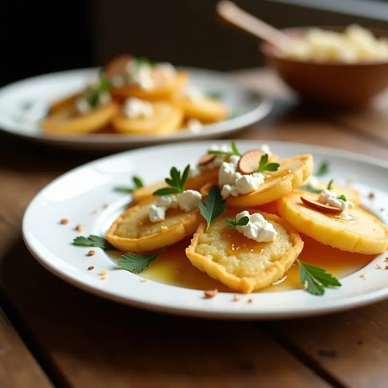 Plato blanco con diamantes de sémola dorados y crujientes, cubiertos de queso feta desmenuzado, almendras fileteadas y un hilo de miel de tomillo, decorado con perejil fresco.