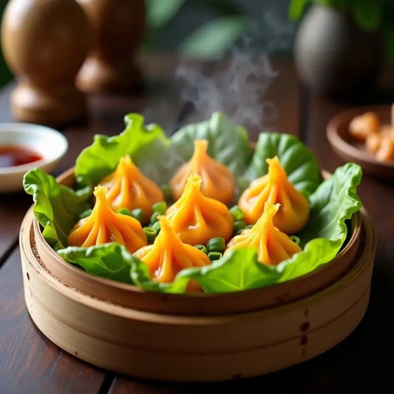 Dim sum de camarones y cúrcuma al vapor servidos en una vaporera de bambú, con un color dorado vibrante por la cúrcuma, acompañados de hojas de lechuga y cebollino picado. Receta china ligera y aromática.