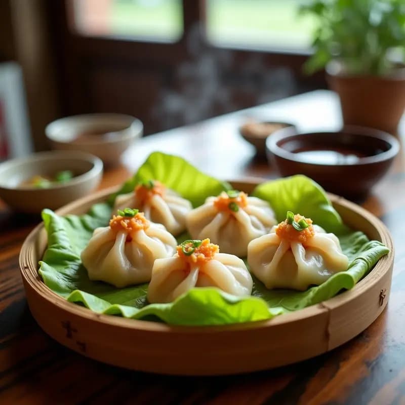 Dim sum de cerdo y gambas al vapor con salsa hoisin sobre hoja de lechuga, servidos en vaporera de bambú con salsa oscura y cebolleta picada.