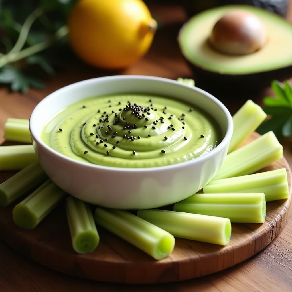 Bol de cerámica blanco con Dip de Aguacate y Wasabi cremoso, decorado con semillas de sésamo negro, acompañado de bastones de apio frescos y crujientes sobre una tabla de madera rústica. Fondos desenfocados con ingredientes como aguacate y limón.